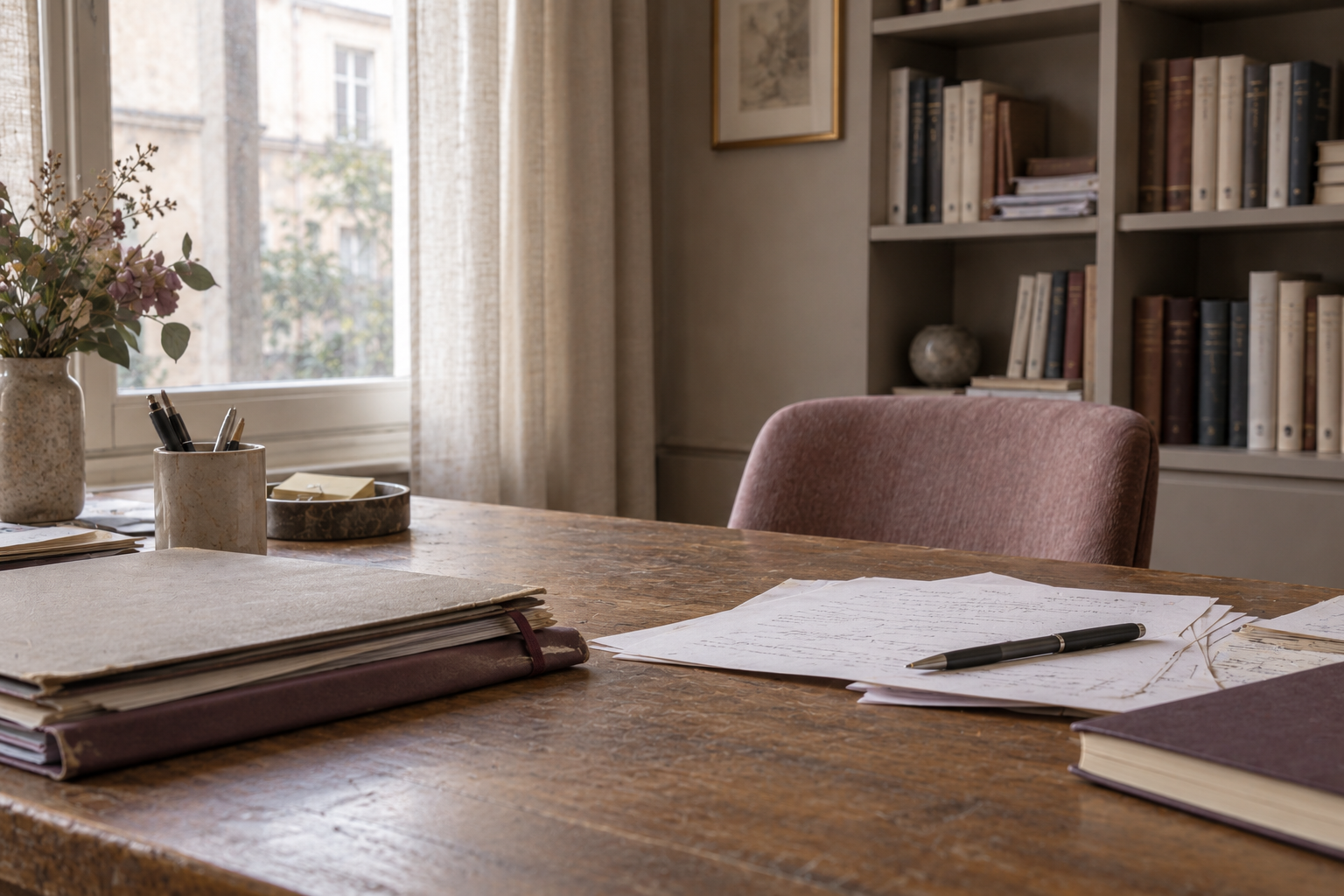 Immagine d’atmosfera di una scrivania con documenti e strumenti di lavoro